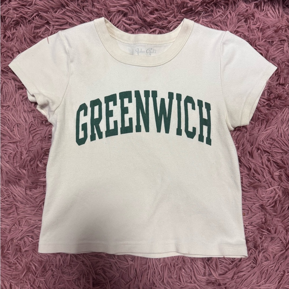 Brandy Melville White Tee with Dark Green 'GREENWICH' Print